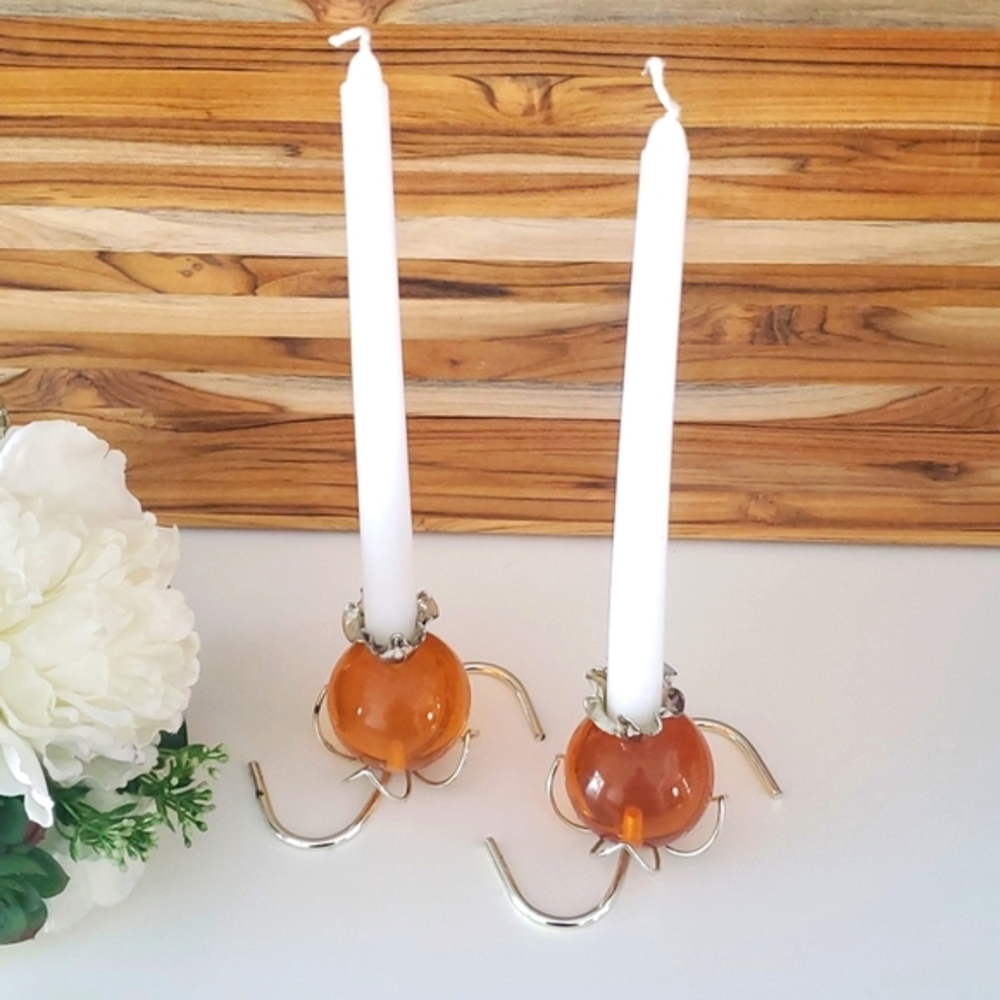 2 Vintage Lucite Round Ball Candle Stick Holders - Amber / Orange Colour